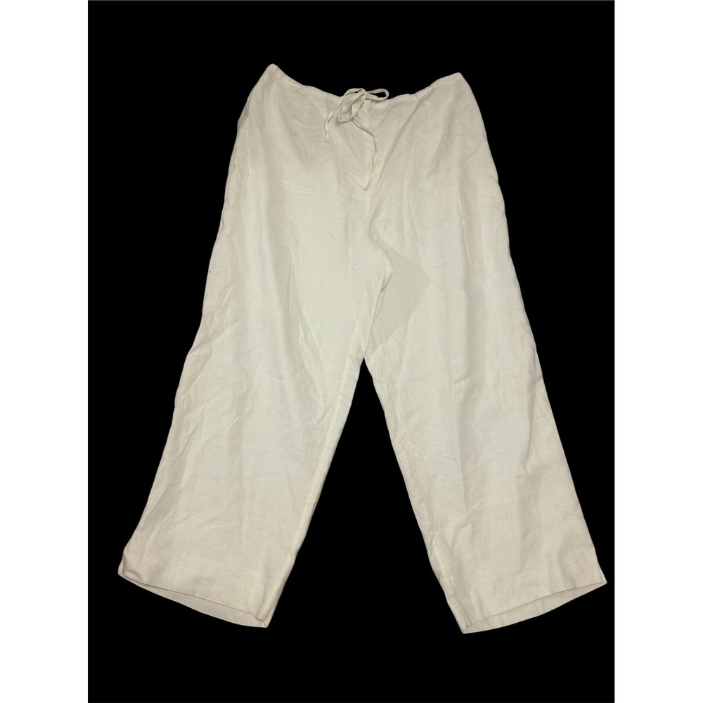 Valerie Steven's XL white linen wide leg pull on pants drawstring lined cropped